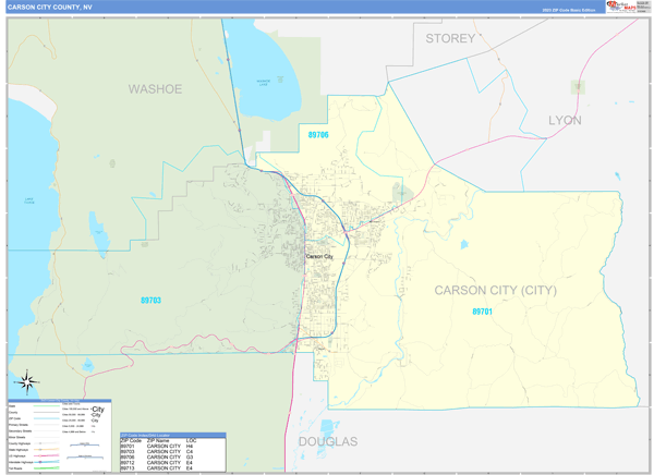 Carson City County, NV Zip Code Wall Map Basic Style by MarketMAPS